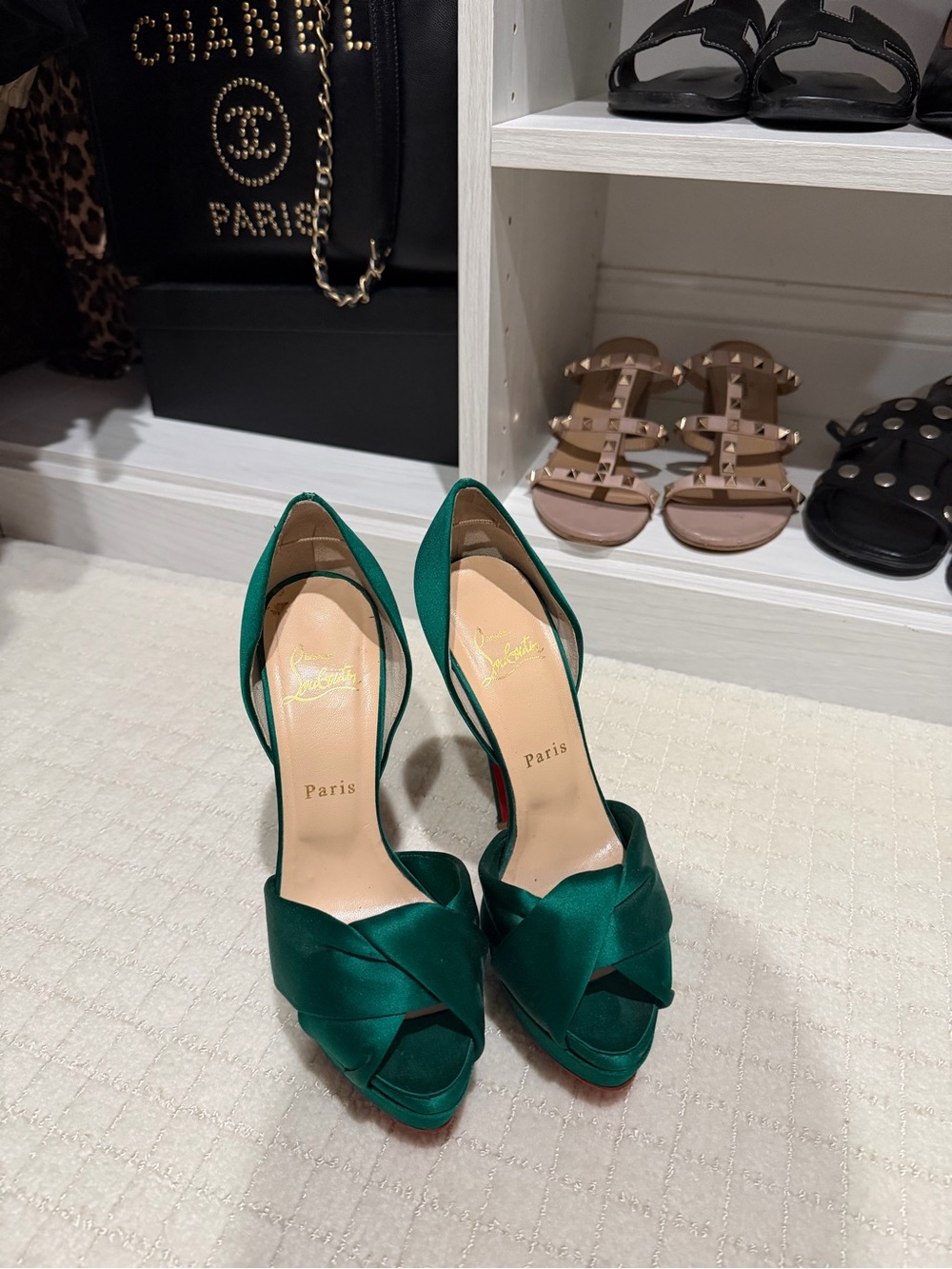 Christian Louboutin Emerald Green Satin Knotted Peep-Toe Platforms